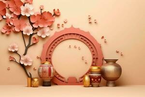 Chinesisch Neu Jahr Hintergrund mit traditionell Laternen, Sakura Blumen und Kopieren Raum. Mond- Neu Jahr Konzept durch ai generiert foto