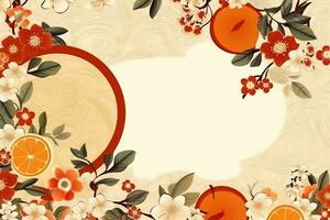 Chinesisch Neu Jahr Hintergrund mit traditionell Laternen, Sakura Blumen und Kopieren Raum. Mond- Neu Jahr Konzept durch ai generiert foto