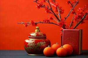 Chinesisch Neu Jahr Hintergrund mit traditionell Laternen, Sakura Blumen und Kopieren Raum. Mond- Neu Jahr Konzept durch ai generiert foto