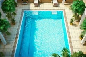 schön draussen Schwimmen Schwimmbad im Luxus Hotel Resort mit Blau Himmel zum Freizeit entspannen und Urlaub Konzept durch ai generiert foto