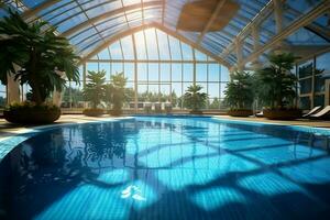 schön draussen Schwimmen Schwimmbad im Luxus Hotel Resort mit Blau Himmel zum Freizeit entspannen und Urlaub Konzept durch ai generiert foto