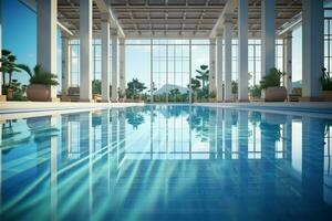 schön draussen Schwimmen Schwimmbad im Luxus Hotel Resort mit Blau Himmel zum Freizeit entspannen und Urlaub Konzept durch ai generiert foto