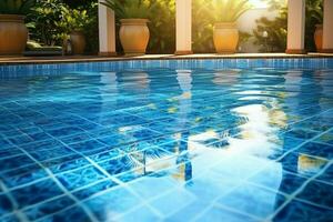 schön draussen Schwimmen Schwimmbad im Luxus Hotel Resort mit Blau Himmel zum Freizeit entspannen und Urlaub Konzept durch ai generiert foto