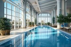 schön draussen Schwimmen Schwimmbad im Luxus Hotel Resort mit Blau Himmel zum Freizeit entspannen und Urlaub Konzept durch ai generiert foto