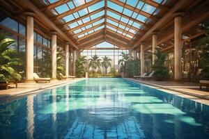 schön draussen Schwimmen Schwimmbad im Luxus Hotel Resort mit Blau Himmel zum Freizeit entspannen und Urlaub Konzept durch ai generiert foto