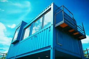 ein Container Zuhause Gebäude auf ein Handlung von Land. 2 Stockwerk modern Container Haus, Cafe oder Restaurant Konzept durch ai generiert foto