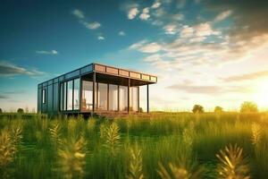 ein Container Zuhause Gebäude auf ein Handlung von Land. 2 Stockwerk modern Container Haus, Cafe oder Restaurant Konzept durch ai generiert foto