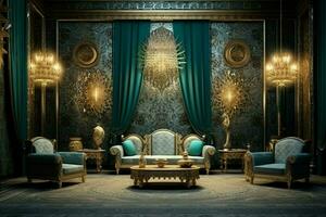 sehr luxuriös Zimmer und groß mit Wände dekoriert mit marokkanisch Mosaik. Zimmer im traditionell islamisch Konzept durch ai generiert foto