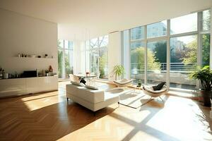 modern Wohnung Innere im Leben Design mit Arbeiten Tabelle und Bücherregal. Luxus Zuhause skandinavisch Konzept durch ai generiert foto