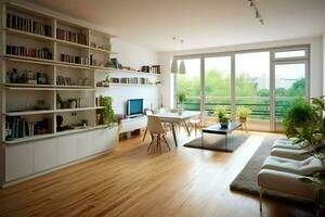 modern Wohnung Innere im Leben Design mit Arbeiten Tabelle und Bücherregal. Luxus Zuhause skandinavisch Konzept durch ai generiert foto