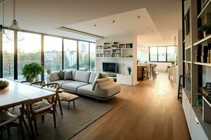 modern Wohnung Innere im Leben Design mit Arbeiten Tabelle und Bücherregal. Luxus Zuhause skandinavisch Konzept durch ai generiert foto