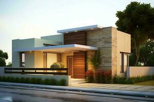 schön modern Haus Außen mit Carport. modern Wohn Kreis und minimalistisch Gebäude Konzept durch ai generiert foto