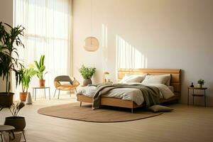 modern Schlafzimmer Innere Design im Wohnung oder Haus mit Möbel. Luxus Schlafzimmer skandinavisch Konzept durch ai generiert foto