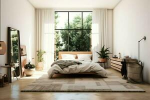 modern Schlafzimmer Innere Design im Wohnung oder Haus mit Möbel. Luxus Schlafzimmer skandinavisch Konzept durch ai generiert foto