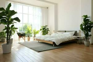 modern Schlafzimmer Innere Design im Wohnung oder Haus mit Möbel. Luxus Schlafzimmer skandinavisch Konzept durch ai generiert foto