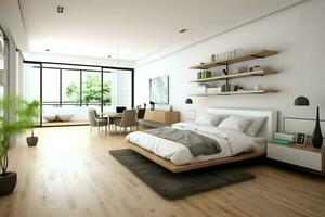 modern Schlafzimmer Innere Design im Wohnung oder Haus mit Möbel. Luxus Schlafzimmer skandinavisch Konzept durch ai generiert foto