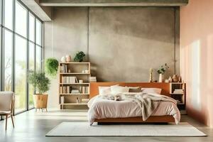 modern Schlafzimmer Innere Design im Wohnung oder Haus mit Möbel. Luxus Schlafzimmer skandinavisch Konzept durch ai generiert foto