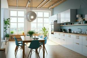 modern Küche Innere Design im Wohnung oder Haus mit Möbel. Luxus Küche Zuhause skandinavisch Konzept durch ai generiert foto