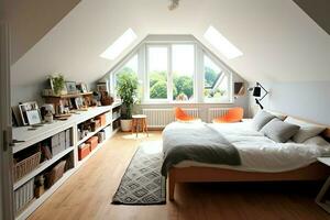 modern Dachgaube Dachgeschoss Umwandlung Innere Design im Wohnung oder Haus beim Vereinigtes Königreich. Luxus Dreieck Dachboden Zimmer Konzept durch ai generiert foto