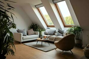 modern Dachgaube Dachgeschoss Umwandlung Innere Design im Wohnung oder Haus beim Vereinigtes Königreich. Luxus Dreieck Dachboden Zimmer Konzept durch ai generiert foto