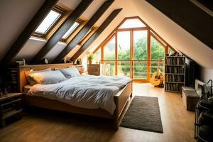 modern Dachgaube Dachgeschoss Umwandlung Innere Design im Wohnung oder Haus beim Vereinigtes Königreich. Luxus Dreieck Dachboden Zimmer Konzept durch ai generiert foto