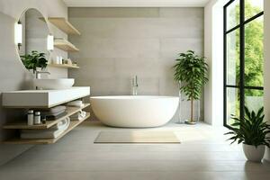 Innere Design von ein nett modern Badezimmer. 3d Rendern modern Toilette oder Badezimmer im Hotel oder Haus Konzept durch ai generiert foto