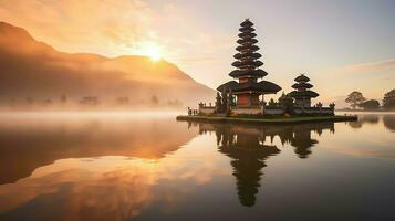 uralt pura ulun danu Bratan, besakih oder berühmt Hindu Tempel und Tourist im bali Insel beim Sonnenaufgang Konzept durch ai generiert foto