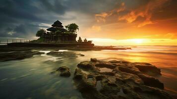 uralt pura ulun danu Bratan, besakih oder berühmt Hindu Tempel und Tourist im bali Insel beim Sonnenaufgang Konzept durch ai generiert foto