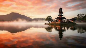 uralt pura ulun danu Bratan, besakih oder berühmt Hindu Tempel und Tourist im bali Insel beim Sonnenaufgang Konzept durch ai generiert foto