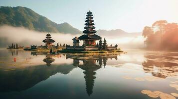 uralt pura ulun danu Bratan, besakih oder berühmt Hindu Tempel und Tourist im bali Insel beim Sonnenaufgang Konzept durch ai generiert foto