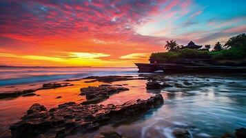 uralt pura ulun danu Bratan, besakih oder berühmt Hindu Tempel und Tourist im bali Insel beim Sonnenaufgang Konzept durch ai generiert foto