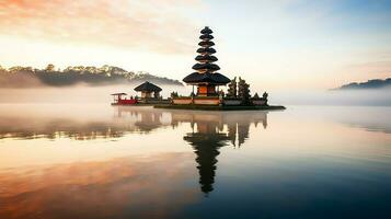 uralt pura ulun danu Bratan, besakih oder berühmt Hindu Tempel und Tourist im bali Insel beim Sonnenaufgang Konzept durch ai generiert foto