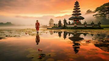 uralt pura ulun danu Bratan, besakih oder berühmt Hindu Tempel und Tourist im bali Insel beim Sonnenaufgang Konzept durch ai generiert foto