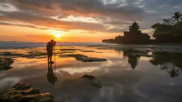 uralt pura ulun danu Bratan, besakih oder berühmt Hindu Tempel und Tourist im bali Insel beim Sonnenaufgang Konzept durch ai generiert foto