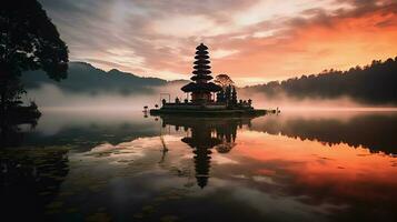 uralt pura ulun danu Bratan, besakih oder berühmt Hindu Tempel und Tourist im bali Insel beim Sonnenaufgang Konzept durch ai generiert foto