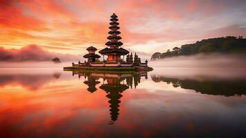 uralt pura ulun danu Bratan, besakih oder berühmt Hindu Tempel und Tourist im bali Insel beim Sonnenaufgang Konzept durch ai generiert foto