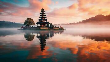 uralt pura ulun danu Bratan, besakih oder berühmt Hindu Tempel und Tourist im bali Insel beim Sonnenaufgang Konzept durch ai generiert foto