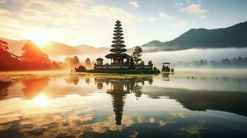 uralt pura ulun danu Bratan, besakih oder berühmt Hindu Tempel und Tourist im bali Insel beim Sonnenaufgang Konzept durch ai generiert foto