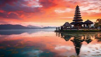 uralt pura ulun danu Bratan, besakih oder berühmt Hindu Tempel und Tourist im bali Insel beim Sonnenaufgang Konzept durch ai generiert foto