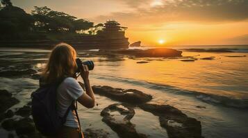 uralt pura ulun danu Bratan, besakih oder berühmt Hindu Tempel und Tourist im bali Insel beim Sonnenaufgang Konzept durch ai generiert foto