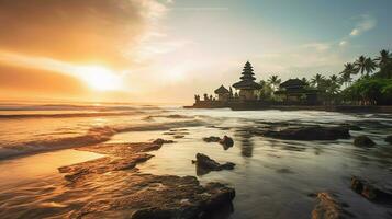 uralt pura ulun danu Bratan, besakih oder berühmt Hindu Tempel und Tourist im bali Insel beim Sonnenaufgang Konzept durch ai generiert foto