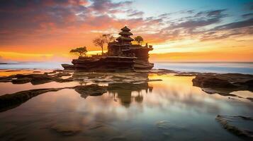 uralt pura ulun danu Bratan, besakih oder berühmt Hindu Tempel und Tourist im bali Insel beim Sonnenaufgang Konzept durch ai generiert foto