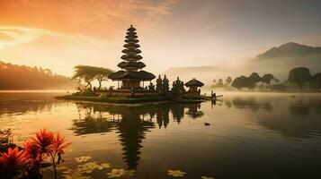 uralt pura ulun danu Bratan, besakih oder berühmt Hindu Tempel und Tourist im bali Insel beim Sonnenaufgang Konzept durch ai generiert foto