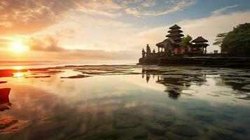 uralt pura ulun danu Bratan, besakih oder berühmt Hindu Tempel und Tourist im bali Insel beim Sonnenaufgang Konzept durch ai generiert foto