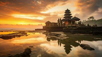 uralt pura ulun danu Bratan, besakih oder berühmt Hindu Tempel und Tourist im bali Insel beim Sonnenaufgang Konzept durch ai generiert foto