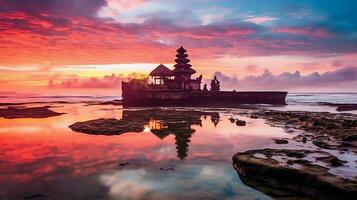 uralt pura ulun danu Bratan, besakih oder berühmt Hindu Tempel und Tourist im bali Insel beim Sonnenaufgang Konzept durch ai generiert foto