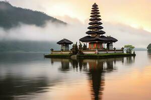 uralt pura ulun danu Bratan, besakih oder berühmt Hindu Tempel und Tourist im bali Insel beim Sonnenaufgang Konzept durch ai generiert foto