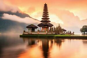 uralt pura ulun danu Bratan, besakih oder berühmt Hindu Tempel und Tourist im bali Insel beim Sonnenaufgang Konzept durch ai generiert foto