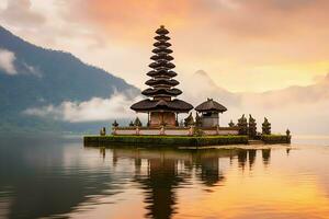 uralt pura ulun danu Bratan, besakih oder berühmt Hindu Tempel und Tourist im bali Insel beim Sonnenaufgang Konzept durch ai generiert foto