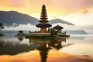 uralt pura ulun danu Bratan, besakih oder berühmt Hindu Tempel und Tourist im bali Insel beim Sonnenaufgang Konzept durch ai generiert foto